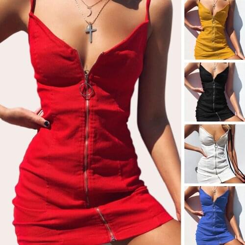 2020 Summer Woman Dress Zipper Mini V-neck Sexy Party Club Plus Size American Clothing Bodycon Femme Robe Dresses Sleeveless 3XL