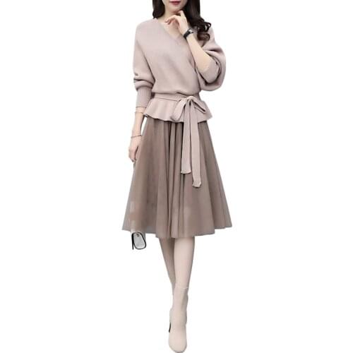 Women Sweater Dresses Spring 2020 New Casual Bandage Knitted Dress Plus Size 4XL Vintage A-line Mesh Dress Vestidos 2 Piece Set