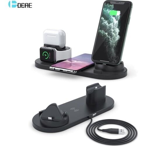 10W Qi Wireless Charger Dock Station 6 in 1 for Iphone 11 XS XR Airpods Pro Type C USB Stand Fast Charging For Apple Watch 5 4 3