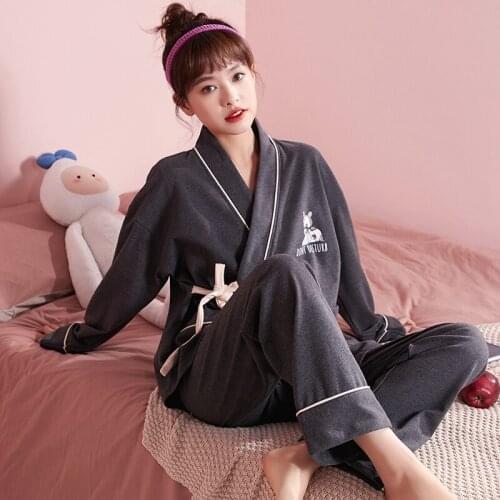 2021 Spring Autumn Long Sleeve Cotton Kimono Pajama Set for Women cute Cartoon Sleepwear Suit Homewear Pijama Mujer Home Clothes