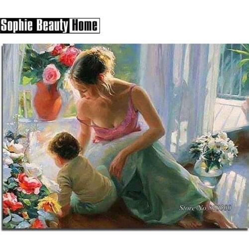 Diamond Mosaic Diamond Embroidery Cross Stitch Mother Son and Flower 5D Diamond Painting Full Rhinestones Wedding Gift 188105