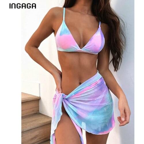INGAGA Gradient Bikinis Swimsuits Micro Thong Swimwear Womens Three Piece Biquini Push Up Bathing Suits Mesh Beachwear 2021 New
