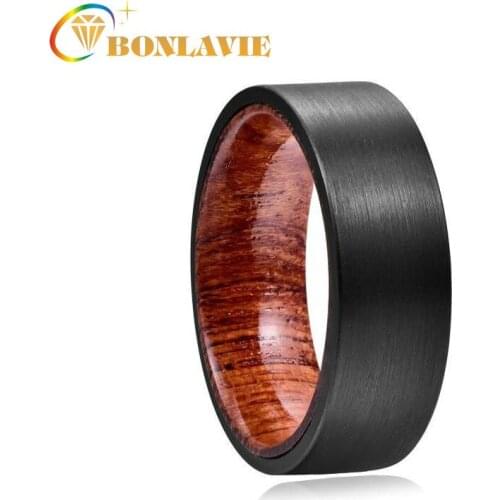 BONLAVIE 8mm Width Tungsten Carbide Ring Black Brushed Surface Wooden Inner Ring Tungsten Steel Wedding Band Mens Ring Jewelry