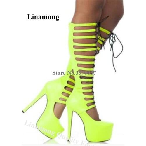 Linamong Sexy Round Toe Lemon Yellow Suede High Platform Stiletto Heel Gladiator Boots Cut-out Lace-up Long Sandal Boots
