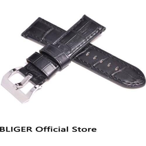 BLIGER 24MM GENUINE LEATHER STRAP BLACK WATCHBAND FIT AUTOMATIC MOVEMENT MENS WATCH ST001