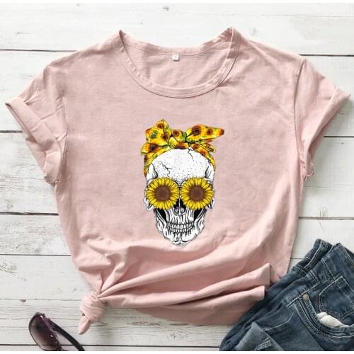 Colored Sunflower Skull T-shirt Trendy Women Halloween Party Gift Tshirt Funny Tired Mom Life Graphic Tee Shirt Top Dropshipping