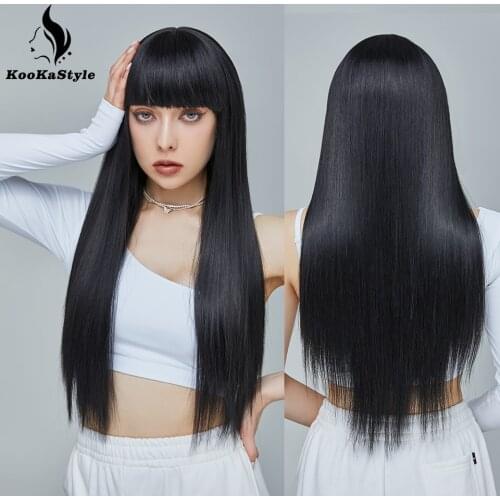 KooKaStyle Synthetic Wigs for Black Women Long Straight Wig with Bangs Cosplay Wigs Natural Bangs Wigs Hiar Brizilan Prty Wig