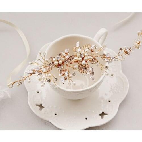 Elegant Wedding Bridal Hair Accessories Tiara Headband Imitation Pearl Crystal Flower Headband Ribbon Jewelry BN