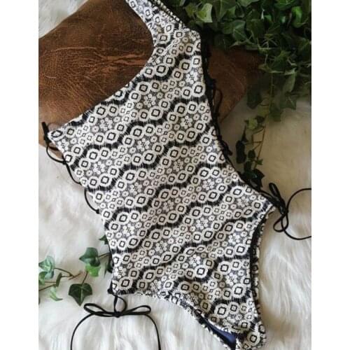 European and American printing sexy one-shoulder multi-rope straps one-piece bikini swimsuit female swimming wading sports