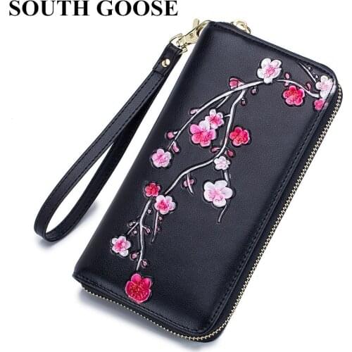 SOUTH GOOSE New Women Leather Wallets RFID Blocking Long Clutch Wallets Female Credit Card Holder Flower Embossing Travel Wallet
