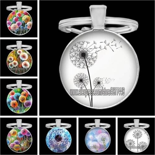 Beautiful dandelion photo round glass cabochon keychains oil painting of dandelion pendent key rings for women