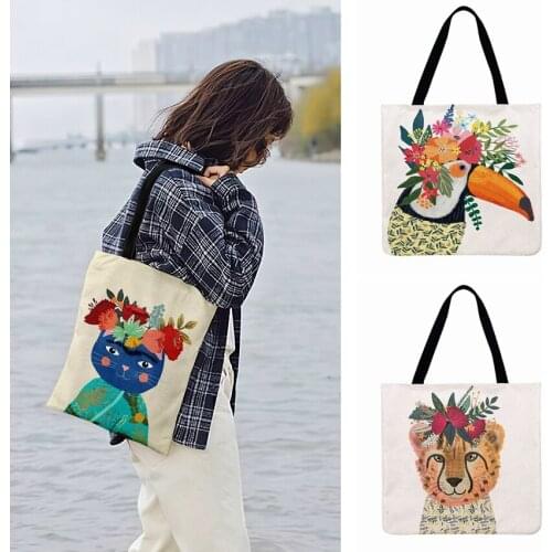 Creative Oil Painting Animal With Wreath Printed Tote Bag Women Casual Tote Ladies Shoulder Bag Shopping Bag Outdoor Beach Bag