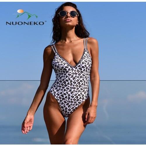 NUONEKOSummer Whole Women Sexy Swimwear Leopard Solid Color One Piece Swimsuit Surfing Swimming Women Beach Sport Swimwear BKN26