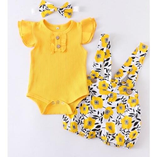 Summer Newborn Baby Girl Clothes Set Fashion Cotton Ruffles Romper Shorts Bow Headband Infant Outfits 3Pcs For Toddler Clothing