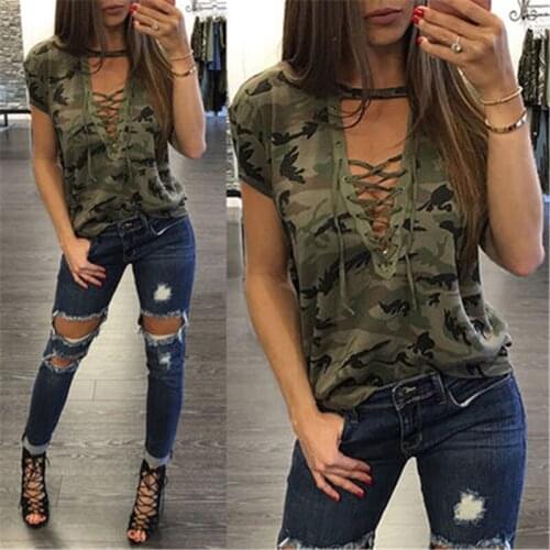 Fashion womens summer short sleeve loose shirt casual shirt camouflage top