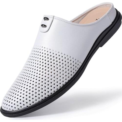 Men Mules Shoes Slip on Loafers Leather Slippers Man Hollow Out Casual Shoes Luxury Driving Shoes Sandal Brown Black White