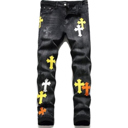 2021 New European and American Embroidered Cross Medal Small Straight Mens Micro-stretch Jeans Trendy Mens Pant