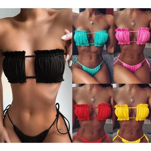 New Women Sexy Two Pieces Swimwear Suit Fashion Pure Color Strap-Free Backless Bra + Triangle Panties Casual Bathing Suit S M L