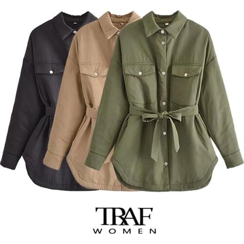 TRAF Za Women Fashion With Belt Oversized Thin Padded Parkas Coat Vintage Long Sleeve Pockets Female Outerwear Chic Tops