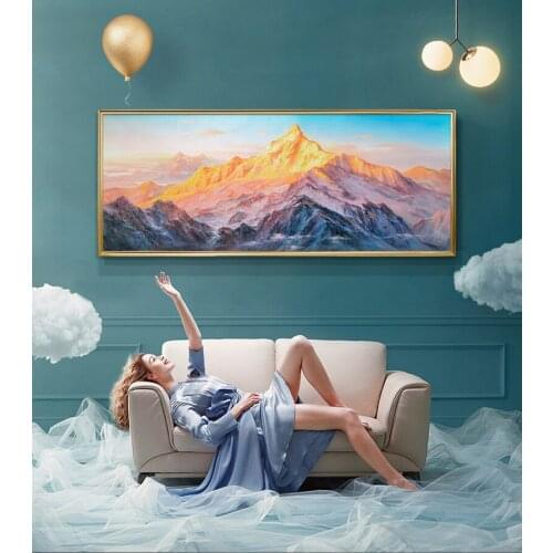 Hand Painted Canvas Oil Paintings Snow mountain sunset Murals Acrylic Landscape painting Bedroom Restaurant living room Hotel