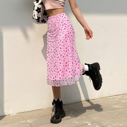 Y2k Kawaii Fairycore 2000s Aesthetic Double Layer Floral Printed Mesh Midi Skirt Women Clothing 2021 Summer Cute Pink Skirts
