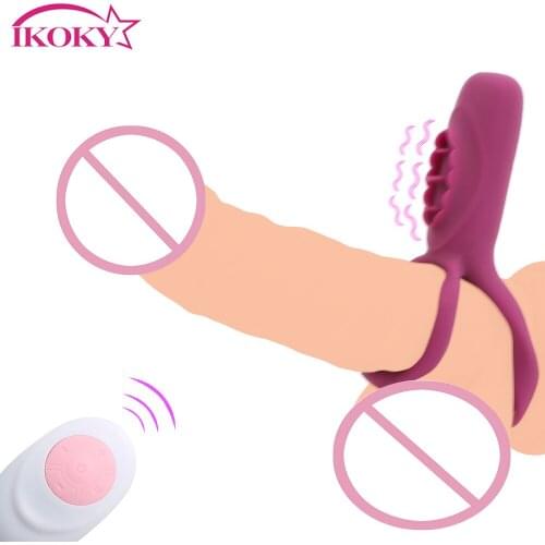 IKOKY Dual Vibrating Penis Ring Remote Control Chastity Cage Sex Toys for Couple Delay Ejaculation 10 Frequency USB Charging
