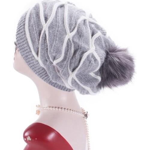 Lawliet Womens Wool Blend Pearl beads Embellished Furry Pom Pom Knitted Slouch Winter Beanie Hat A559