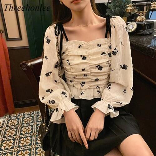 Casual Floral Blouse Women 2021 Spring Autumn Square Collar Chiffon Korean Style Slim Tops Puff Sleeve Elegant Female Shirt