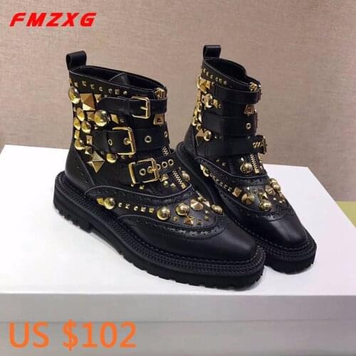 Women Boots Top Designer Brand Shoes Super Quality Genuine Leathe Boots Fashion Rose Gold Rivet Buckle Zipper Motorcycle Boots