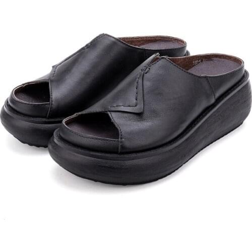 510-5 Retro Handmade Cowhide Leather Shoes Women Thick Bottom Literature Increase Slope Outside Wear Female Summer Slipper