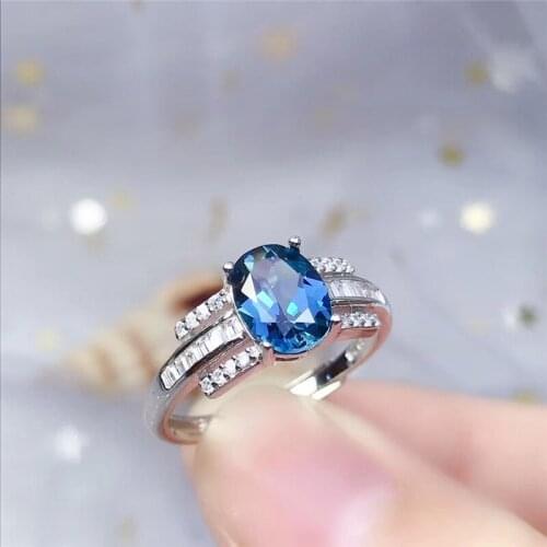 LeeChee London blue topaz ring 6*8mm natural gemstone jewelry for women anniversary gift real 925 Solid Sterling Silver