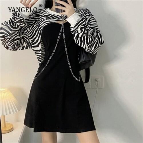 Harajuku Short Style Hoodie Smock Female Autumn Korean Leopard Print Designer Chain Black Belt Dress Two PCS Tops+Sexy Dress