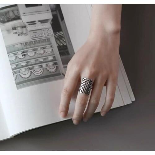 New Personality Hollow Mesh Creative Rectangle 925 Sterling Silver Jewelry Not Allergic Fashion Geometric Opening Ring
