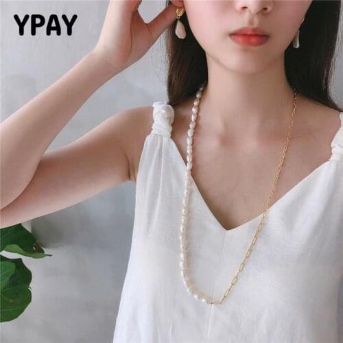 YPAY 100% Authentic 925 Sterling Silver Necklaces for Women Korea Baroque Pearl Long Sweater Chain Necklace Fine Jewelry YMN177