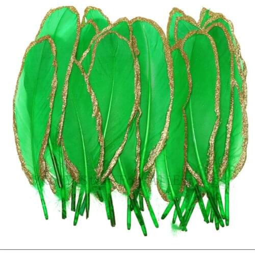 10-100 natural 15-20CM (6-8 inches) goose feather dyed grass green spray gold powder edge DIY craft jewelry feather
