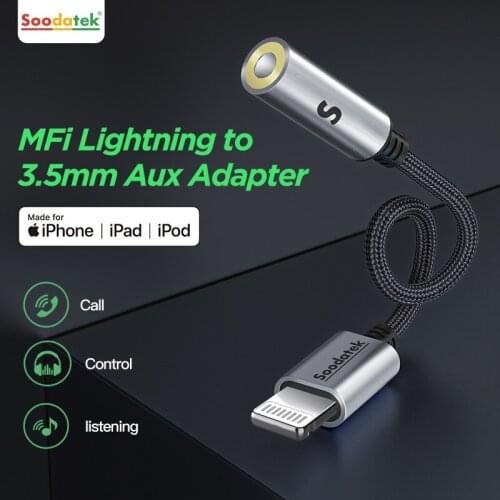 Soodatek MFi Lightning to 3.5mm Headphones Adapter for iPhone 12 11 Pro 8 7 Aux 3.5mm Jack Cable for Lightning Adapter Accessori
