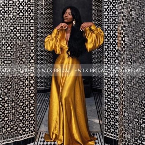Gold Yellow Satin Evening Dresses With Long Sleeves Aso Ebi Styles Nigeria African Women Prom Dress 2021 vestidos de fiesta