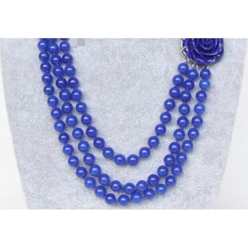 CBN236 Beautiful 17" 8mm 3row round blue bead necklace