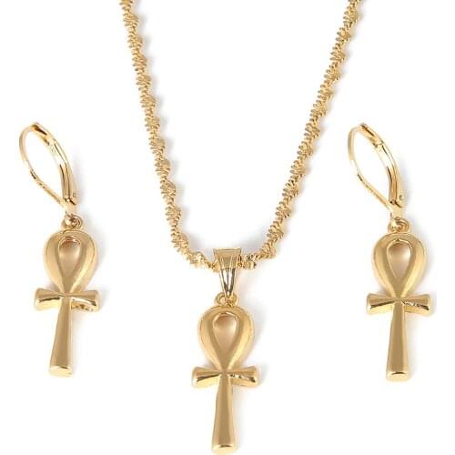 Egyptian Ankh Cross Pendant Earrings Woman Girls Egypt Hieroglyphs Crux Ansata Jewelry Sets