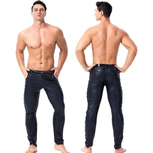 Fetish Men Wetlook Clothes PVC Leather Leggings Pants BDSM Gay Bondage Underwear Sexy Low Waist Pole Dance Pants for Adult Games