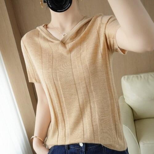 T-shirt womens summer 2021 100% wool sweater short-sleeved casual knitwear plus size ladies blouse with hood collar tees hot