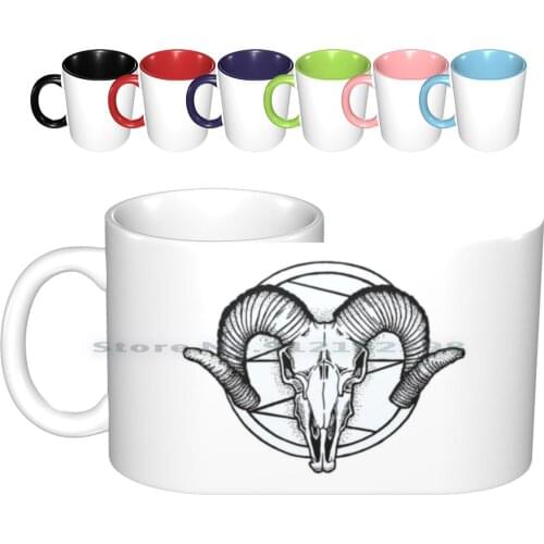 Satan Goat Skull Dotwork Ceramic Mugs Coffee Cups Milk Tea Mug Satan Circle Dotwork Black White Evil Skull Creative Trending