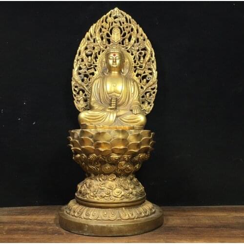 15"Chinese temple collection Old Bronze Gilt Shakyamuni Buddha statue pagoda Back light lotus Ornaments Town House Exorcism