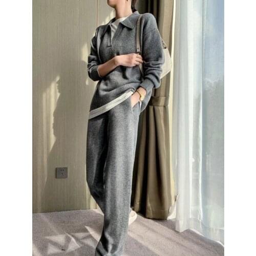 Pants Set Women Knitted 2 Piece Sets Women Loungewear Polo Collar Sweater And Wide Leg Pants Loose Chic Jogging Femme 2021
