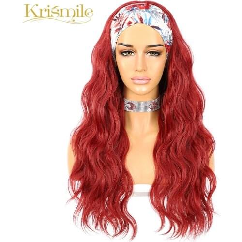 Krismile Water Wave Red Headband Wig Long Daily Party Travel Holidays No Gel Glueless Wig for Women Make Up with 2 Free Bands