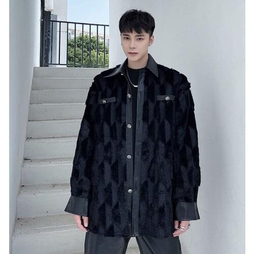 Men Faux Fur Splice Leather Thicken Jacket Overcoat Male Streetwear Vintage Fashion Loose Casual Black White Coat Outerwear