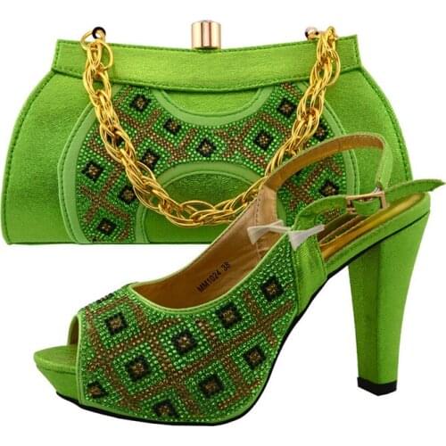 Hot sale lemon green women pumps and bag set with rhinestone african shoes match handbag set for dress MM1024,heel 11.5CM
