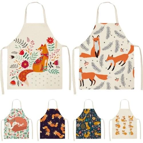 Fox Cartoon Flax Apron Baking Accessories Aprons for Women Apron Kitchen Apron for Men Cafe Gadgets for Women Kitchen Apron