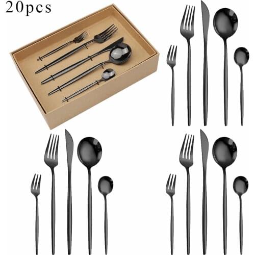 Black Cutlery Set Stainless Steel Dinnerware Set 20Pcs Knives Forks Coffee Spoons Box Flatware Set Kitchen Dinner Tableware Set