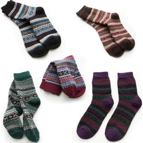 New Women Vintage Thickened Winter Warm Wool Stripe Socks Tube 5 Pairs/Pack
